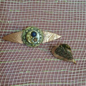 Two Vintage Lapel Pins-Copper Brass-Moon, Stars-Hat-Dickson